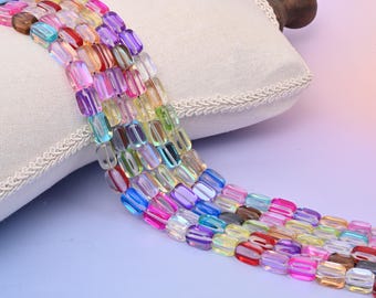 Rainbow Mystic Aura Rectangle Glass Beads 10-12mm, Iridescent Glossy Tube, 15 Inch Strand