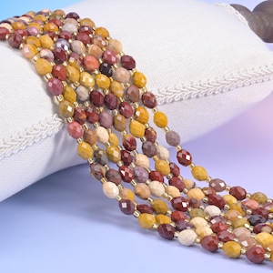Mookaite Jasper Faceted Rice Barrel Beads 6x8mm, Mustard Maroon Natural Stone, 15.5 Inch Strand
