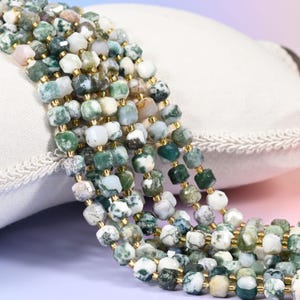 Tree Agate Faceted Cube Beads 6mm 8mm, Natural White Green Square, 15 Inch Strand