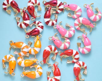 18K Gold Filled  Enamel Shrimp Charms for DIY Jewelry Making Supply