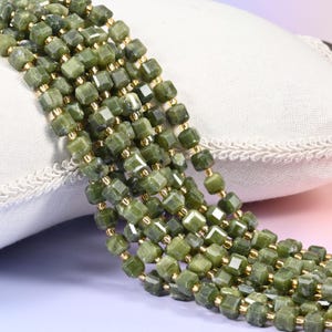 South Jade Faceted Cube Beads 6mm 8mm, Olive Green Natural Stone Beads for Bracelet Making, 1.2mm Hole, 15 Inch Strand
