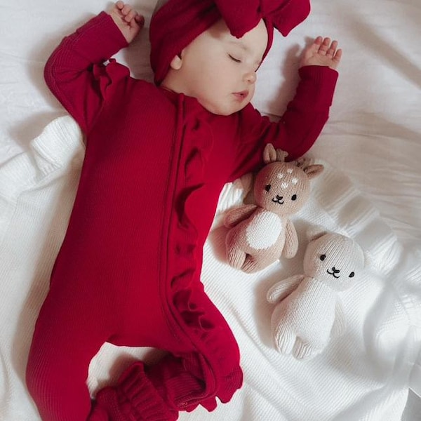 Abito per San Valentino per neonati / Tutina per neonata con volant / Abito natalizio per bambini / Fascia per capelli, fiocco e scarpine abbinati / Regalo per neonato