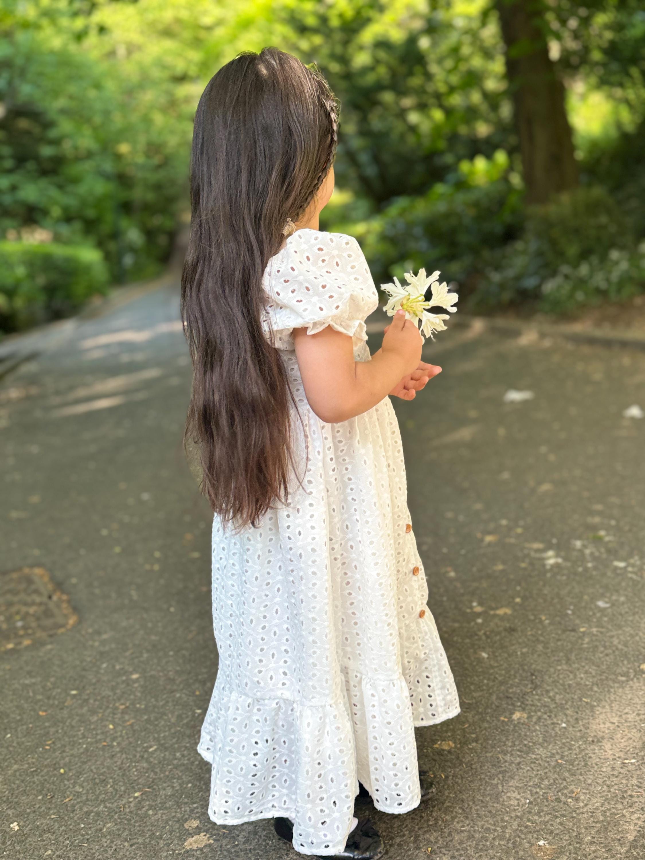 White Embroidered Girl Dress | Spring Summer Cotton Dress Ages 4-7 | Birthday, Wedding, Flower Girl Outfit | Photoshoot Party Dress