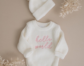 Conjunto de bebé niña "Hola Mundo" - Pelele de punto color crema con gorro - Conjunto para recién nacida que regresa a casa - Regalo para niña - Regalo para baby shower