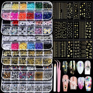 May include: A collection of nail art supplies, including rhinestones, glitter, and nail art stickers, organized in clear plastic containers. Also included are nail art tools and examples of finished nail designs.
