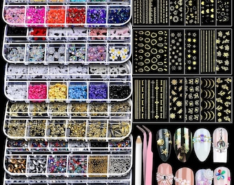 Gold Nail Art Kit: Charms, Rhinestones, Stickers, Gems & Tools