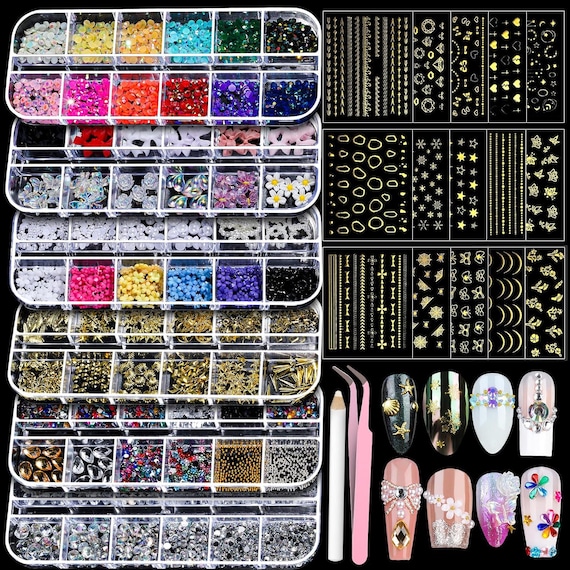Gold Nail Art Kit: Charms, Rhinestones, Stickers, Gems & Tools