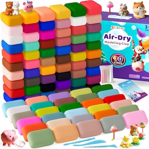 May include: A vibrant assortment of 90-color air-dry modeling clay. The image showcases a variety of colorful clay blocks, small animal figurines, and tools. The product box reads "Air-Dry Modeling Clay" and "90 Colors".