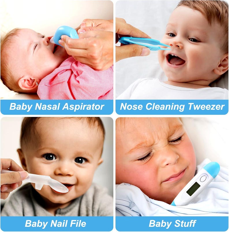 May include: A collage of baby care items. Includes a blue nasal aspirator, nose cleaning tweezers, a baby nail file, and a digital thermometer. Each item is shown being used on a baby, with text labels: "Baby Nasal Aspirator", "Nose Cleaning Tweezer", "Baby Nail File", and "Baby Stuff".