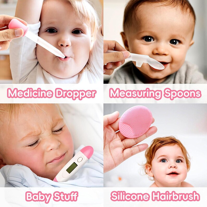 May include: A collage of baby care items, including a medicine dropper, measuring spoons, a digital thermometer, and a pink silicone hairbrush. The text "Medicine Dropper", "Measuring Spoons", "Baby Stuff", and "Silicone Hairbrush" are displayed.