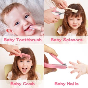 May include: A collage of baby care items. Includes a baby toothbrush, baby scissors, a baby comb, and baby nail clippers. The text "Baby Toothbrush", "Baby Scissors", "Baby Comb", and "Baby Nails" are displayed in pink text.
