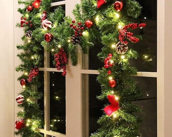 LED Christmas Garland, Red Berries, Bows, Balls (9 FT)