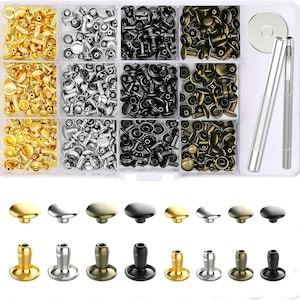 May include: A clear plastic organizer filled with various metal rivets in gold, silver, black, and bronze tones. Includes a setting tool and a selection of rivets in different shapes and finishes.