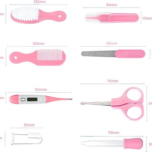 May include: A pink baby grooming kit featuring a brush (123mm), comb (124mm), nail clippers (86mm), nail file (82mm), scissors (96mm), thermometer (126mm), medicine dropper (115mm), and finger toothbrush (55mm).