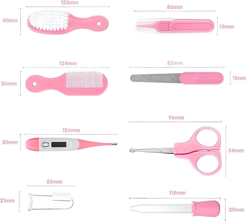 May include: A pink baby grooming kit featuring a brush (123mm), comb (124mm), nail clippers (86mm), nail file (82mm), scissors (96mm), thermometer (126mm), medicine dropper (115mm), and finger toothbrush (55mm).
