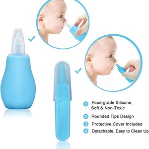 May include: A baby nasal aspirator set in light blue, featuring a bulb syringe, a small aspirator with a protective cover, and illustrations of use. The text highlights food-grade silicone, rounded tips, and easy cleaning.