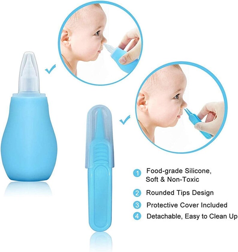 May include: A baby nasal aspirator set in light blue, featuring a bulb syringe, a small aspirator with a protective cover, and illustrations of use. The text highlights food-grade silicone, rounded tips, and easy cleaning.