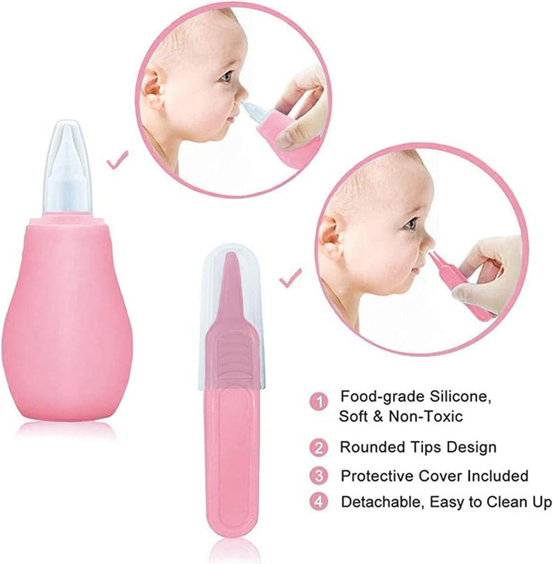 May include: Pink baby nasal aspirator with a white tip and a protective cover. The image shows the aspirator, its parts, and how to use it on a baby. Features include food-grade silicone, rounded tips, and easy cleaning.