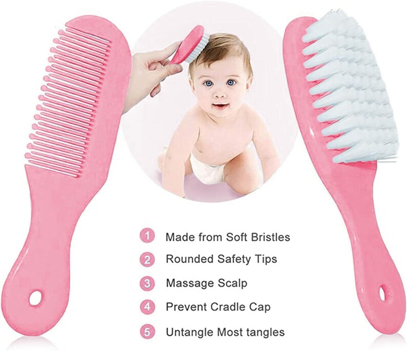 May include: Pink baby hairbrush and comb set. The comb has widely spaced teeth, and the brush features soft white bristles. The set is designed for gentle hair care. The image also shows a baby.