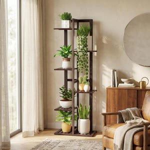 May include: A tall, dark brown wooden plant stand featuring multiple staggered shelves arranged in a vertical column. The stand holds various potted plants, including trailing vines, succulents, and leafy green foliage in white and tan pots.