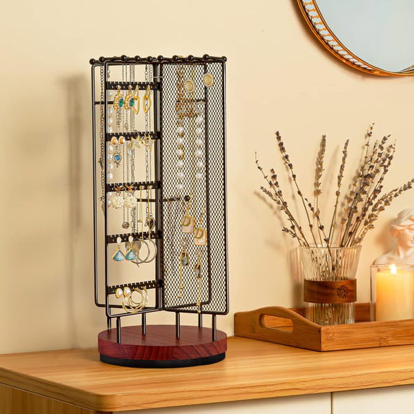 Rotating Metal Jewelry Organizer Stand: Earring & Necklace Display