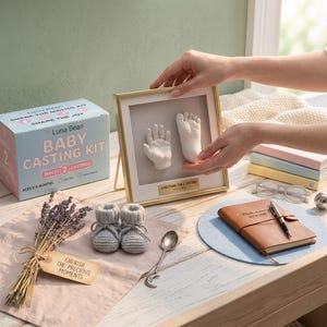 May include: A baby casting kit box labeled Luna Bean, a gold-framed display with white plaster hand and foot casts, a pair of grey knit baby booties, a silver spoon, a brown leather journal, and a bundle of dried lavender with a tag reading Cherish the Precious Moments.