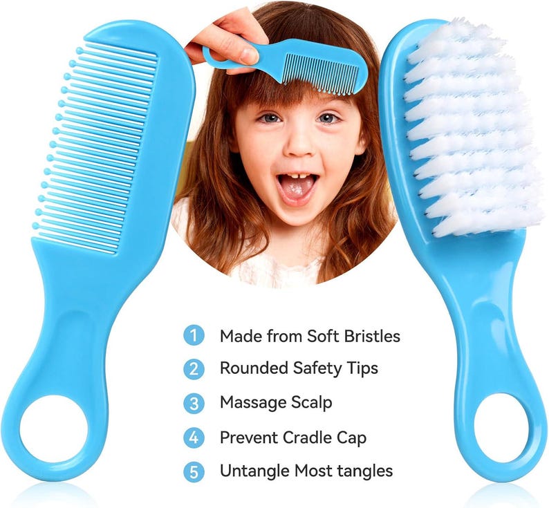 May include: A baby grooming set featuring a blue comb, a brush with white bristles, and a happy child. The comb and brush are blue with rounded handles. The text on the image says: Made from Soft Bristles, Rounded Safety Tips, Massage Scalp, Prevent Cradle Cap, and Untangle Most tangles.