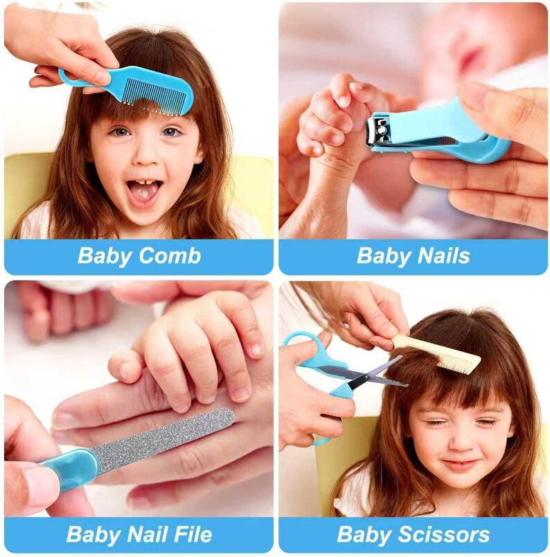 May include: A collage of baby grooming tools: a blue comb, nail clippers, a nail file, and scissors. The tools are shown in use on a baby and a young child. The text "Baby Comb", "Baby Nails", "Baby Nail File", and "Baby Scissors" are displayed.