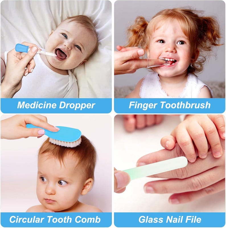 May include: A collection of baby care items, including a medicine dropper, finger toothbrush, circular tooth comb, and glass nail file. Each item is shown in use with a baby or toddler. The image has text labels for each item.