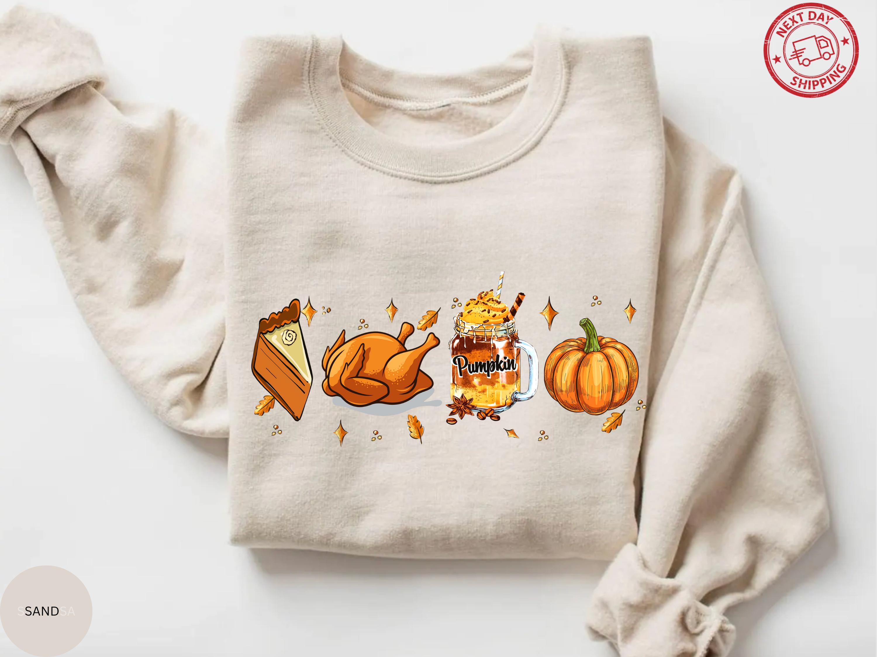 感謝祭スウェットシャツ、ハローパンプキンシャツ、秋のお母さんへのギフト、パンプキンシーズンクルーネック、七面鳥のグラフィック、心地よい天気のセーター、 パンプキンパイスウェット - Etsy 日本, image size:3000x2250