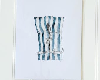 May include: Watercolor painting of a blue and white striped bag tied with a bow and a spoon inside. The artwork is on a white background, framed and ready to hang. The style is simple and elegant.