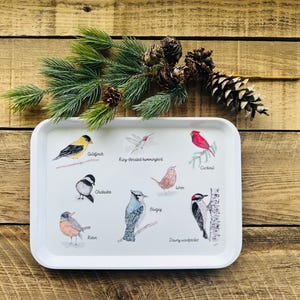 May include: White serving tray with illustrations of different birds, including a goldfinch, chickadee, robin, blue jay, wren, downy woodpecker, ruby-throated hummingbird, and cardinal.