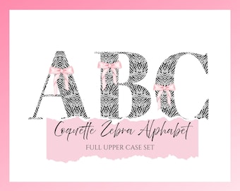Alfabeto de cebra coqueta PNG, letras de cebra con lazo rosa, clipart ABC mayúscula, conjunto de monogramas con estampado de safari femenino.