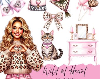 Imágenes prediseñadas de Wild at Heart / Gráficos con estampado de leopardo y rosa ruborizado / Imágenes prediseñadas de estampado animal bohemio femenino / Imágenes prediseñadas PNG para manualidades