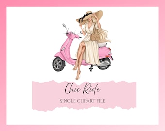 Paseo elegante / Ilustración de moda / Mujer en Vespa / Vespa rosa / Ilustración de mujer parisina /