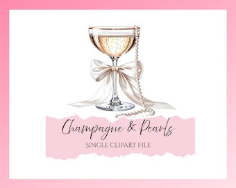 Champán y perlas / Clipart de perla y prosecco / Copa de champán con lazo / Descarga digital PNG