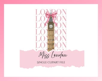 Miss Londres / Lazo de coqueta rosa / Clipart digital de Pink London / Pegatina digital / Diseño de camiseta / Archivo de clipart individual