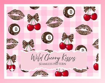 Patrón sin costuras de besos de cereza silvestre / Coqueta rosa / Estampado de leopardo retro / Patrón de cereza retro / Patrón sin costuras / Descarga digital