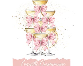 Torre de champán / Copa de champán / Champán rosa coquette / clipart digital / pegatina digital / archivo de clipart único