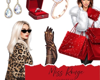 Miss Rouge / Conjunto de imágenes prediseñadas de lujo en rojo y dorado / Ilustraciones de joyería elegantes / Estética roja / Estética de leopardo / Imágenes prediseñadas de chica de moda