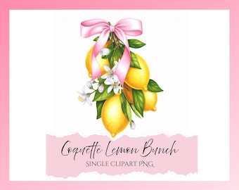 Coquette Lemon Bunch / Pink Lemon / Pink Coquette Bow / Clipart digital de limón / Pegatina digital / Archivo de clipart individual
