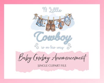 Anuncio de bebé vaquero / Clipart de bebé azul / Clipart de vaquero / Clipart de revelación de género / Clipart de coqueta azul / Archivo de clipart único