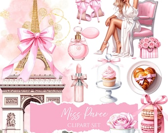 Conjunto de imágenes prediseñadas parisinas rosas: Torre Eiffel, Chica a la moda (Descarga digital)