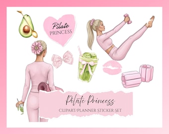 Pegatinas digitales de princesa de pilates / Clipart de pilates rosa / Pegatinas para agenda de fitness / Diario de bienestar PNG / Descarga digital