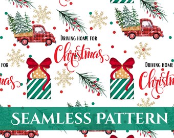 Patrón sin costuras de coche navideño de camino a casa / Coche festivo (JPEG + PDF)