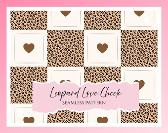 Patrón de corazón con estampado de leopardo / Diseño de tablero de ajedrez de guepardo / Papel digital estético marrón / Patrón sin costuras / Descarga digital