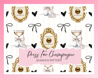 Presione para Champagne / Coquette dorado / Lazo y perlas / Champán y perlas / Glamour femenino / Patrón sin costuras / descarga digital