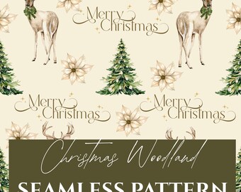 Patrón sin costuras de Navidad en el bosque / Reno en acuarela, Flor de Pascua (Papel digital)