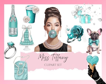 Imágenes prediseñadas de Miss Tiffany / Imágenes prediseñadas femeninas / Imágenes prediseñadas verde azulado / Arte de compras / Chica de moda Tiffany azul / Imágenes prediseñadas de moda elegante / Descarga instantánea