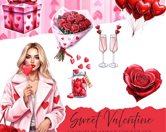 Clipart de San Valentín y pegatinas para planificadores / Lindos PNG de San Valentín / Pegatinas digitales de amor para planificadores, álbumes de recortes y diarios